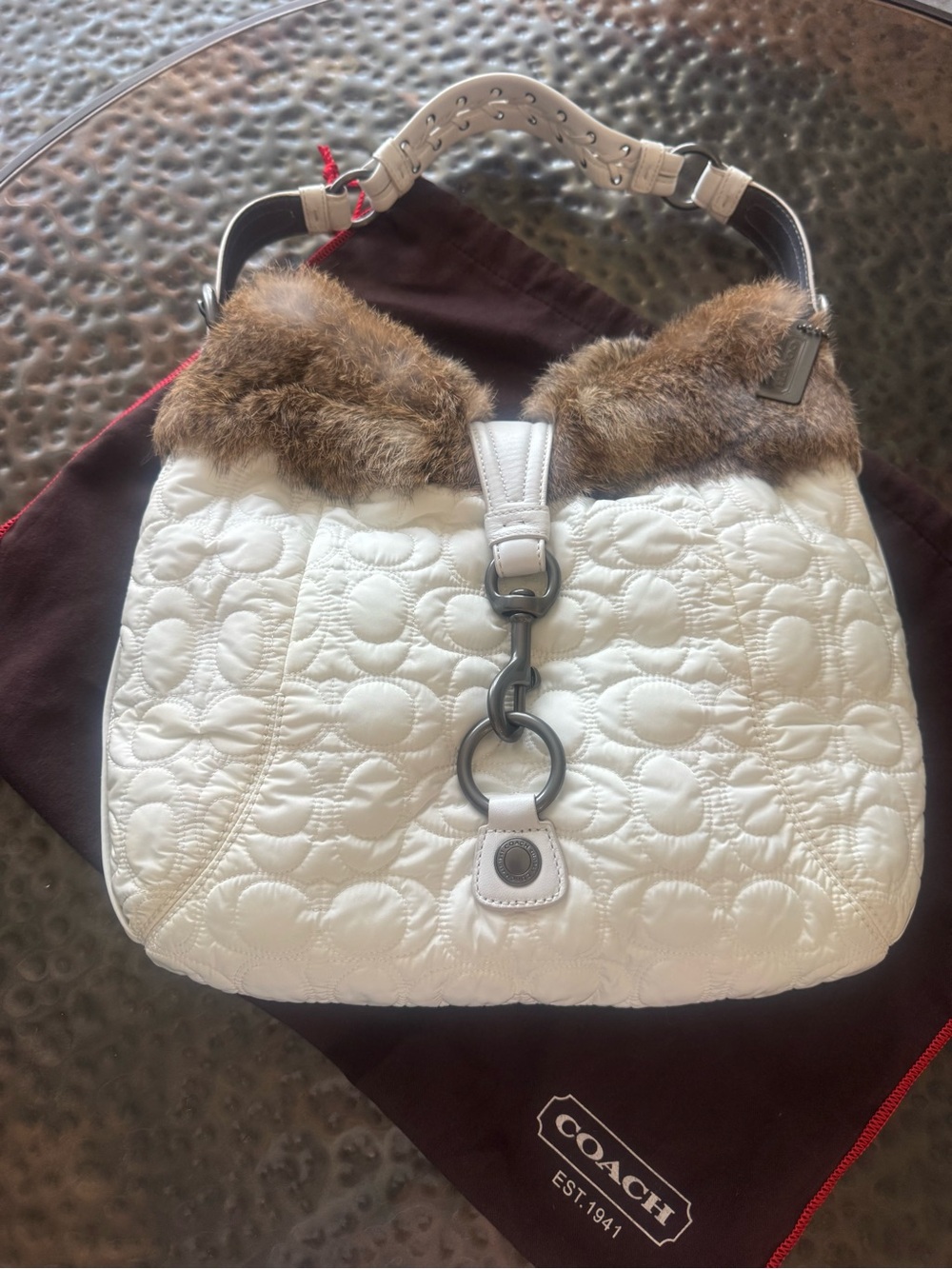 New Coach White Quilted Shoulder Bag with Brown Fur Trim and Silver Links